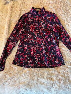 Callaway Navy and Pink Floral Quarter-Zip Long Sleeve Top